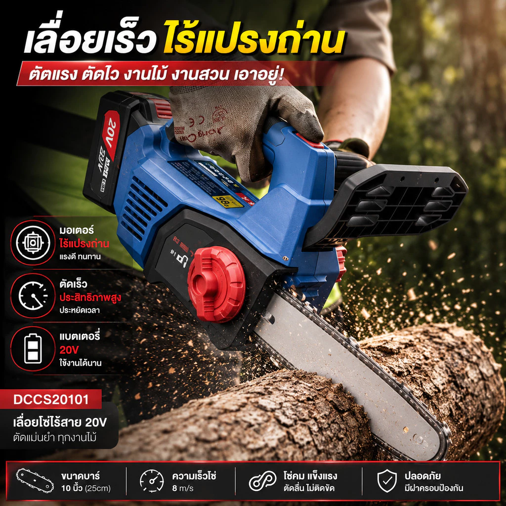 ⚡ เลื่อยโซ่ไฟฟ้า ไร้สาย 12 นิ้ว มอเตอร์ไร้แปรงถ่าน แบตเตอรี่ลิเธียม น้ำหนักเบา ตัดไม้เร็ว