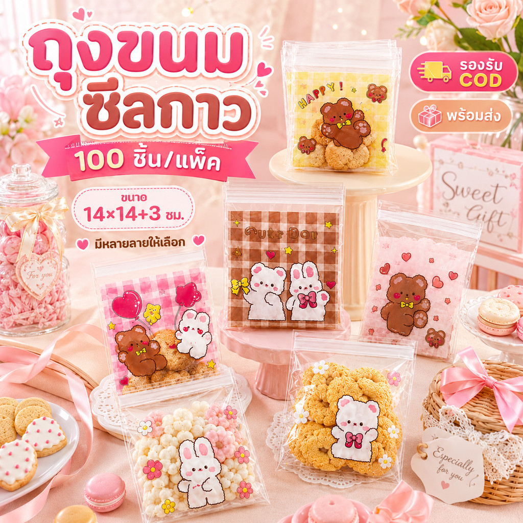 ถุงฝากาว 14×14+3 ซม. ถุงขนมลายน่ารัก 100 ใบ/แพ็ค ถุงเบเกอรี่ ถุงคุกกี้ ถุงแพ็คขนม ใส่ลูกอม ของชำร่วย DIY COD