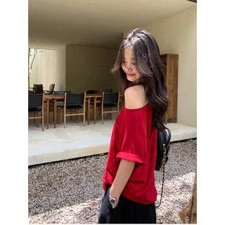ส่งไวจากไทย เสื้อยืดแขนสั้น คอกว้าง ปาดไหล่ได้ สีพื้น ผ้านิ่มใส่สบาย มีสีให้เลือกมากมาย สายเกาหลี