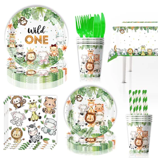 GeeParty ชุดอุปกรณ์ปาร์ตี้วันเกิด 1 ขวบ ธีมซาฟารี สัตว์ป่าน่ารัก Wild One จาน แก้ว ผ้าเช็ดปาก ของตกแต่งวันเกิดเด็ก