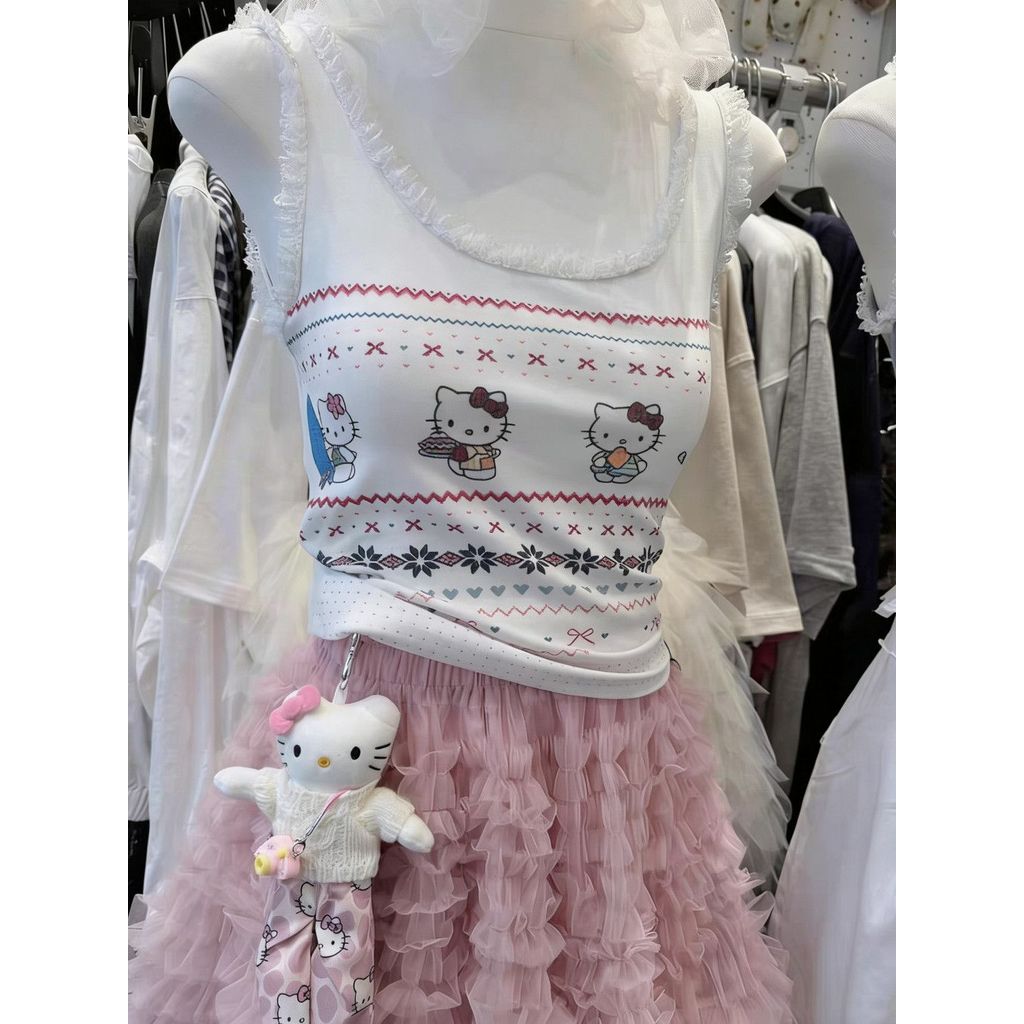 ฤดูร้อนใหม่คิตตี้ลูกไม้ยกทรงเสื้อกั๊กผู้หญิงลูกไม้แขนกุดด้านบน