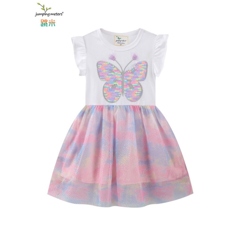 ชุดเดรสเด็กผู้หญิงแขนสั้นลายผีเสื้อเลื่อม เปลี่ยนสีได้ กระโปรง tutu สีพาสเทล ผ้าคอตตอนนุ่มสบาย ใส่เท