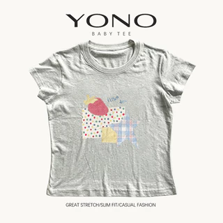 (พร้อมส่ง24ชม.) YONO baby tee สีชมพู ลายดาวตารางและกราฟิกพาสเทล ทรงเข้ารูป สไตล์เกาหลี y2k
