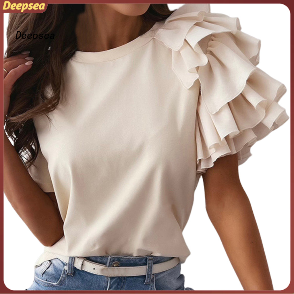 DPA O-คอ Anti Pilling ยืดผู้หญิงเสื้อยืด Layered Ruffle เสื้อแขนสั้นสุภาพสตรีเสื้อผ้า