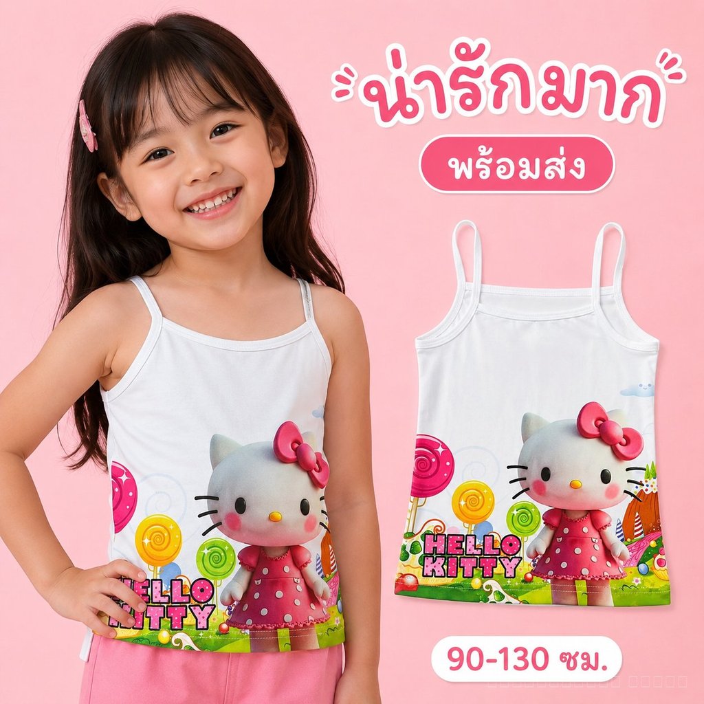 เสื้อเด็กผู้หญิงแขนกุด สายเดี่ยวผ้านุ่ม ลายการ์ตูนน่ารัก ใส่อยู่บ้านหรือใส่นอนได้ 90-130 ซม