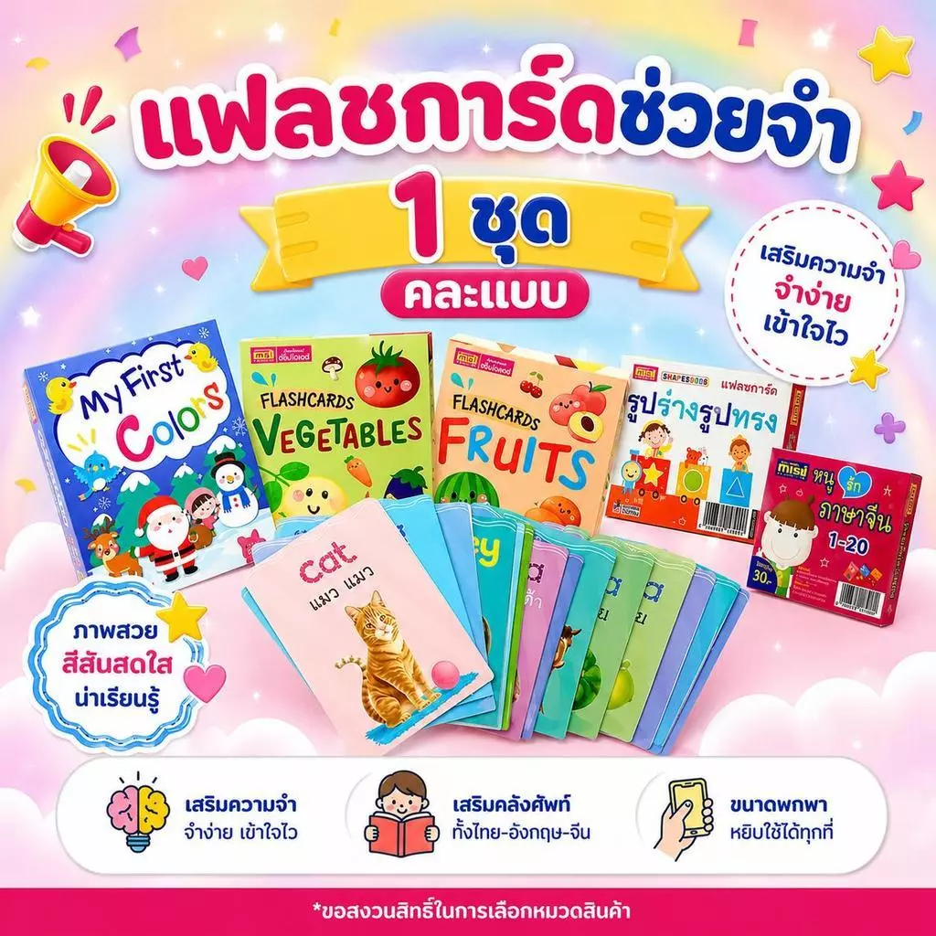 แฟลชการ์ดช่วยจำ คละแบบ 1 ชุด การ์ดคำศัพท์สำหรับเด็ก เต่าซ่าส์