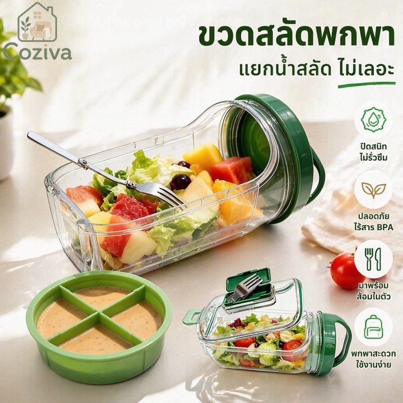 สลัดภาชนะ ป้องกันการรั่วซึม แบบพกพานํามาใช้ใหม่กล่องอาหารกลางวันฝาส้อมด้านข้างเปิดผลไม้พาสต้าการจัดเก็บ