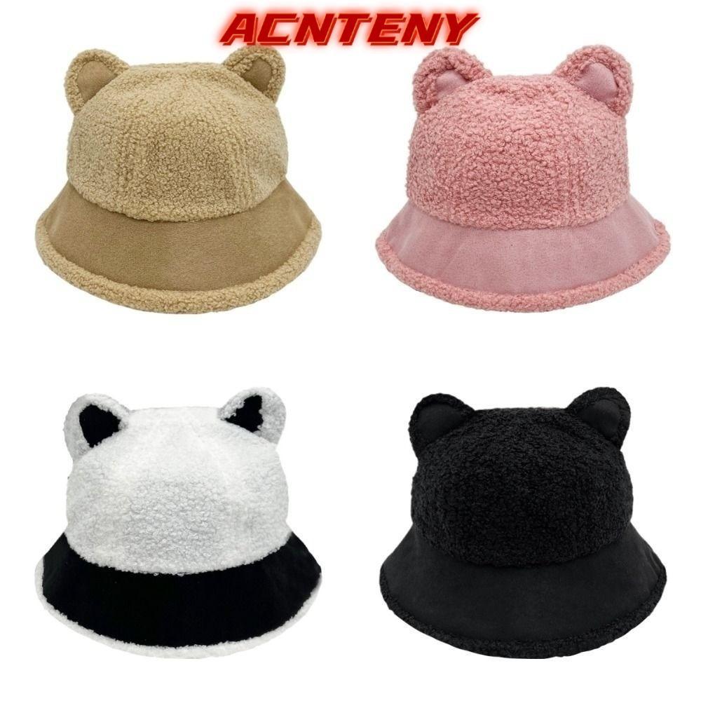 ACNTENY ACTENY Winter Bucket Hat, Fluffy Fuzzy Faux Fur หมวกชาวประมง, สไตล์เกาหลี Soft Warm หนา Fuzz