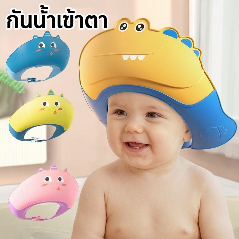 หมวกอาบน้ําเด็กปรับแชมพูกันน้ําโล่ปีกนุ่มหูป้องกันดวงตาไดโนเสาร์