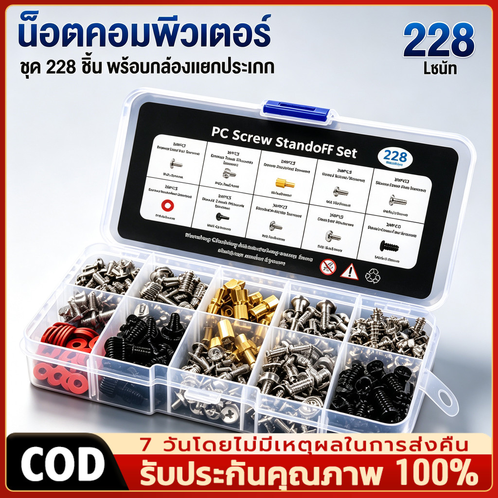 ชุดน็อตคอมพิวเตอร์ 228 ชิ้น พร้อมกล่องแยกประเภท สกรูเมนบอร์ด HDD SSD PSU การ์ดจอ ซ่อมคอม