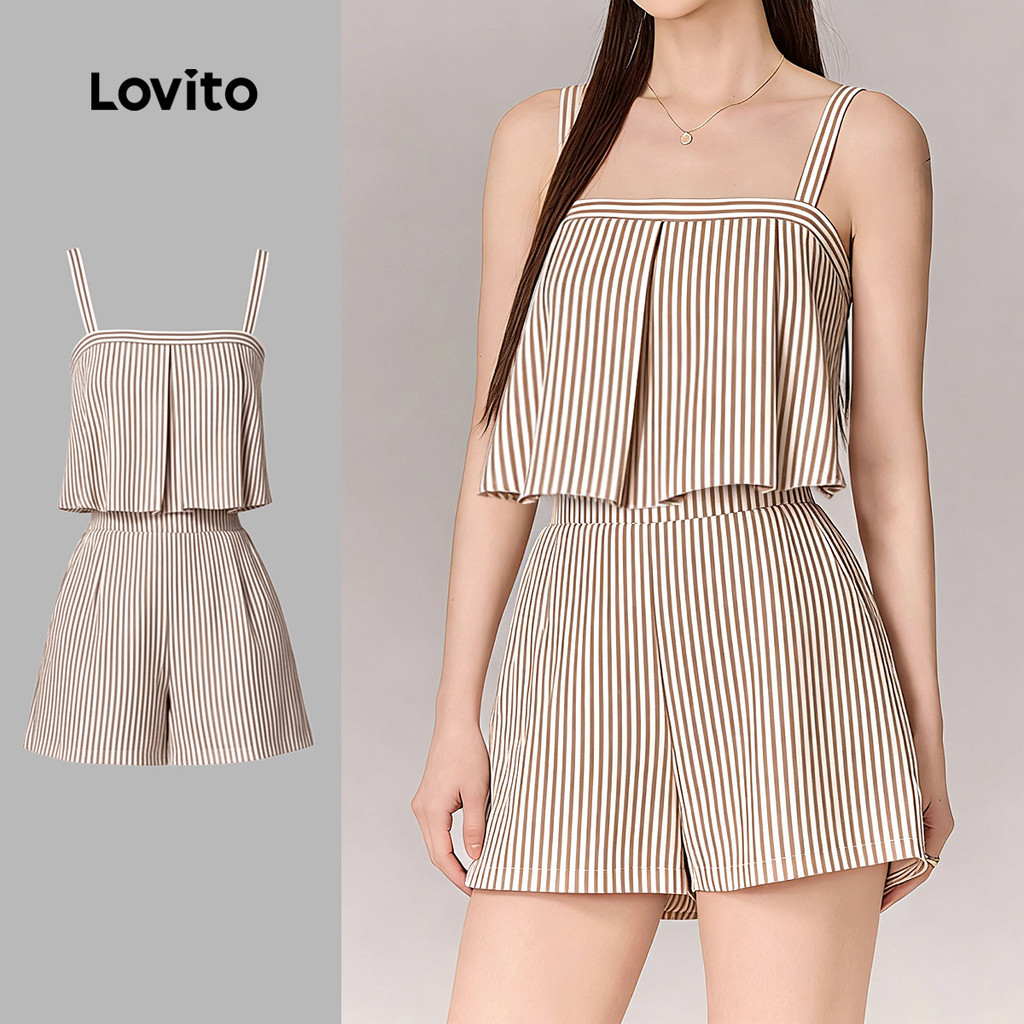 Lovito ชุดจั๊มสูทลำลองลายทางจีบพลีทสีชมพูสำหรับผู้หญิง เหมาะสำหรับฤดูใบไม้ผลิ/ฤดูร้อน L189ED069