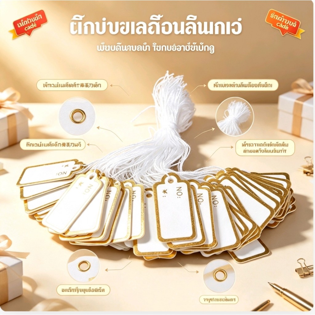 ป้ายราคาเครื่องประดับ ป้ายแขวนแสดงราคาสินค้า พร้อมเชือกห้อย สามารถเขียนข้อความและราคาด้วยมือได้อย่างง่ายดาย เหมาะใช้ติดแหวน สร้อยคอ ต่างหู กำไล และเครื่องประดับทุกชนิด มีขนาดพอดี ใช้งานสะดวก ติดห้อยแน่นหนาไม่หลุดง่าย พื้นผิวเรียบเขียนได้ชัดเจน วัสดุคุณภาพ