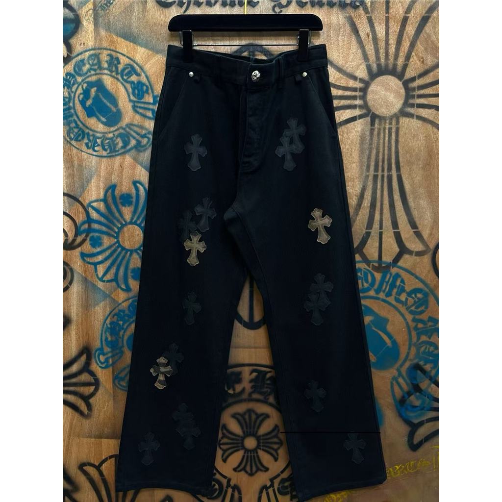 XTBY Chrome Hearts Cross Leather สันสกฤตตรงโดยรวมกางเกงยีนส์ผู้ชาย