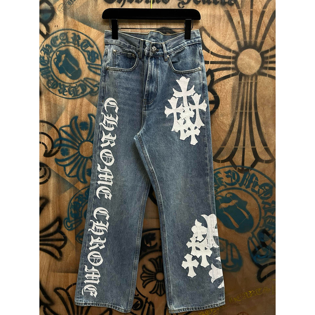 YFCE Chrome Hearts Cross Leather สันสกฤตตรงโดยรวมกางเกงยีนส์ผู้ชาย