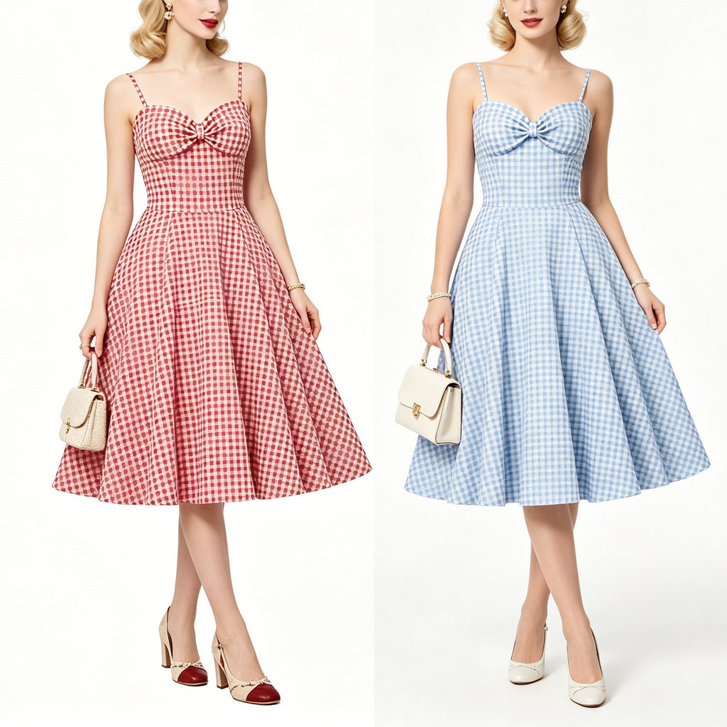 Baju Prom~วินเทจ 80s & 90s Hepburn สไตล์ลายสก๊อต Halter Backless Elegant Swing Dress