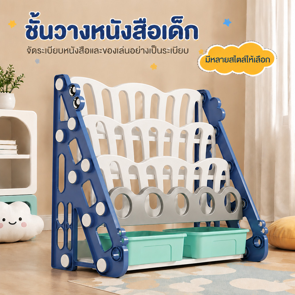 ชั้นวางหนังสือเด็ก 3 - 4 ชั้น พลาสติกเกรดพรีเมี่ยมดีไซน์เก๋ทนทาน หนาพิเศษ