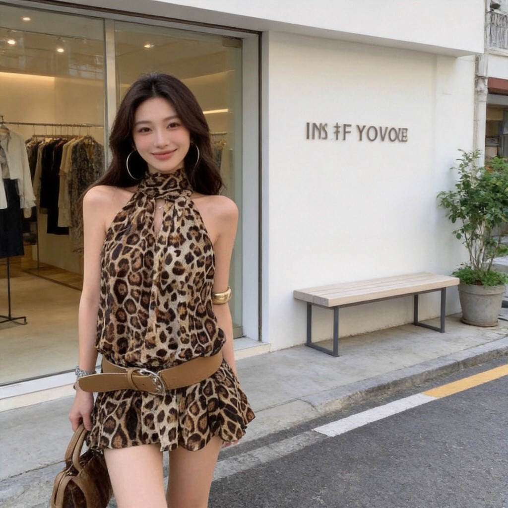ชุดเดรสสั้นคล้องคอดีไซน์หรูหราออกงานได้ ลายเสือดาวคลาสสิกไม่มีเอาต์