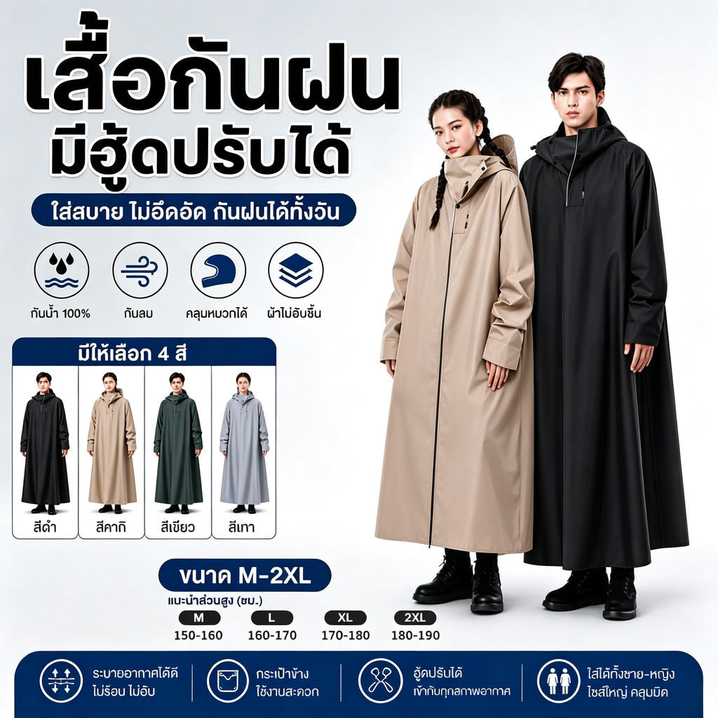 เสื้อกันฝนยาวทั้งตัว ผ้ากันน้ำหนาไม่เปียกง่าย มีหลายไซซ์ให้เลือก ใส่ขี่รถมอเตอร์ไซค์ได้