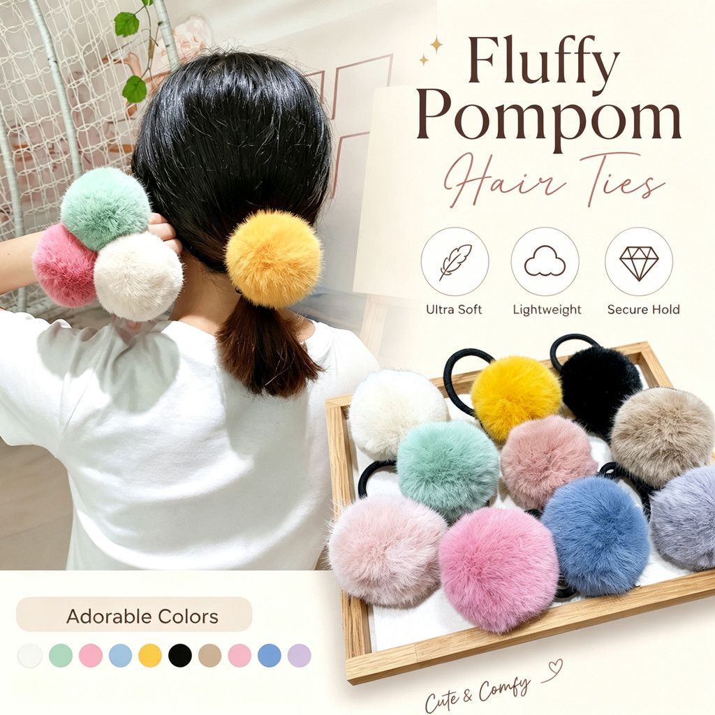 สีลูกกวาดน่ารัก Fuzzy Pompom Hair Ties Scrunchies Pom Pom Pom Elastics Pigtail Ponytail Holders Fluffy Hair Balls ยางรัด