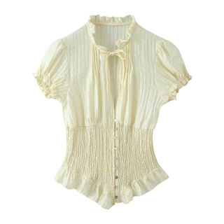 Ruffle Tie Blouse เสื้อเบลาส์ผู้หญิงคอผูกโบว์ขอบฟริลล์ แขนพองเอวย่นรัดทรงสัดส่วนดี ผ้าลายร่องบางเบา มี2สี ครีมอ่อน/น้ำตาล Size S-L