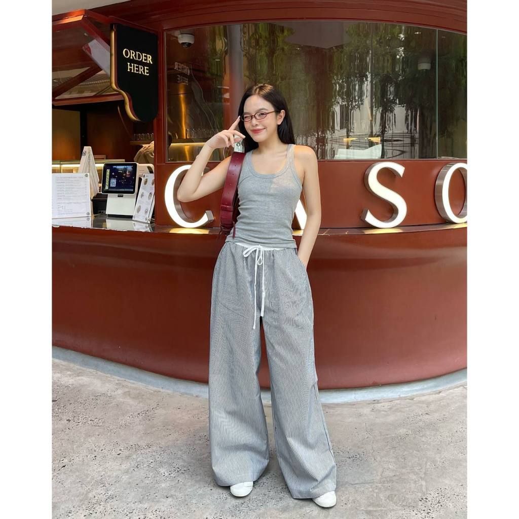 กางเกงขากว้างผ้าฝ้ายลายทาง THE CU - Flora Pants