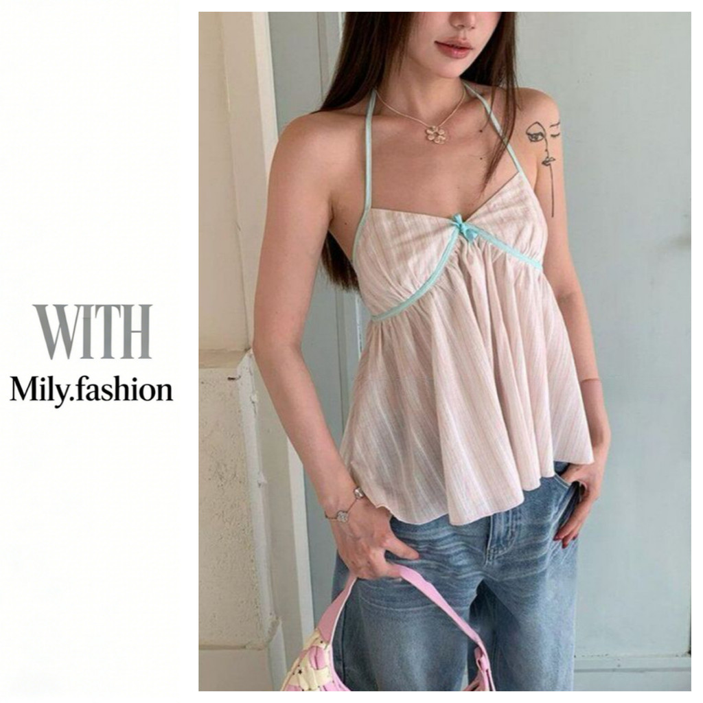 Milyfashion Pure Desire สลิงสีชมพูฤดูร้อนสไตล์ใหม่คอวีคล้องคอ Y2K L8KM