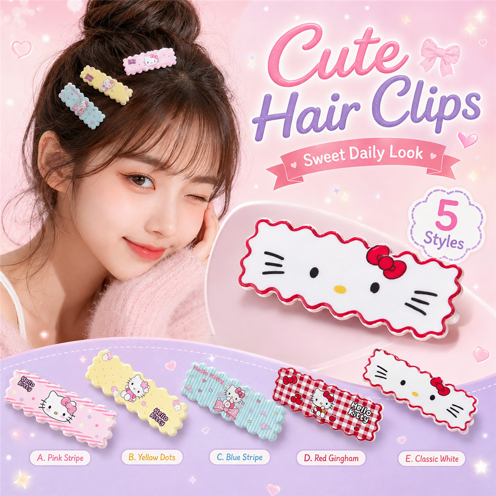 การ์ตูนน่ารัก KT Cat กิ๊บติดผมรูปสี่เหลี่ยมผืนผ้า Ins Girly Heart Bangs คลิปด้านข้างน่ารัก Retro Headdress สําหรับผู้หญิง