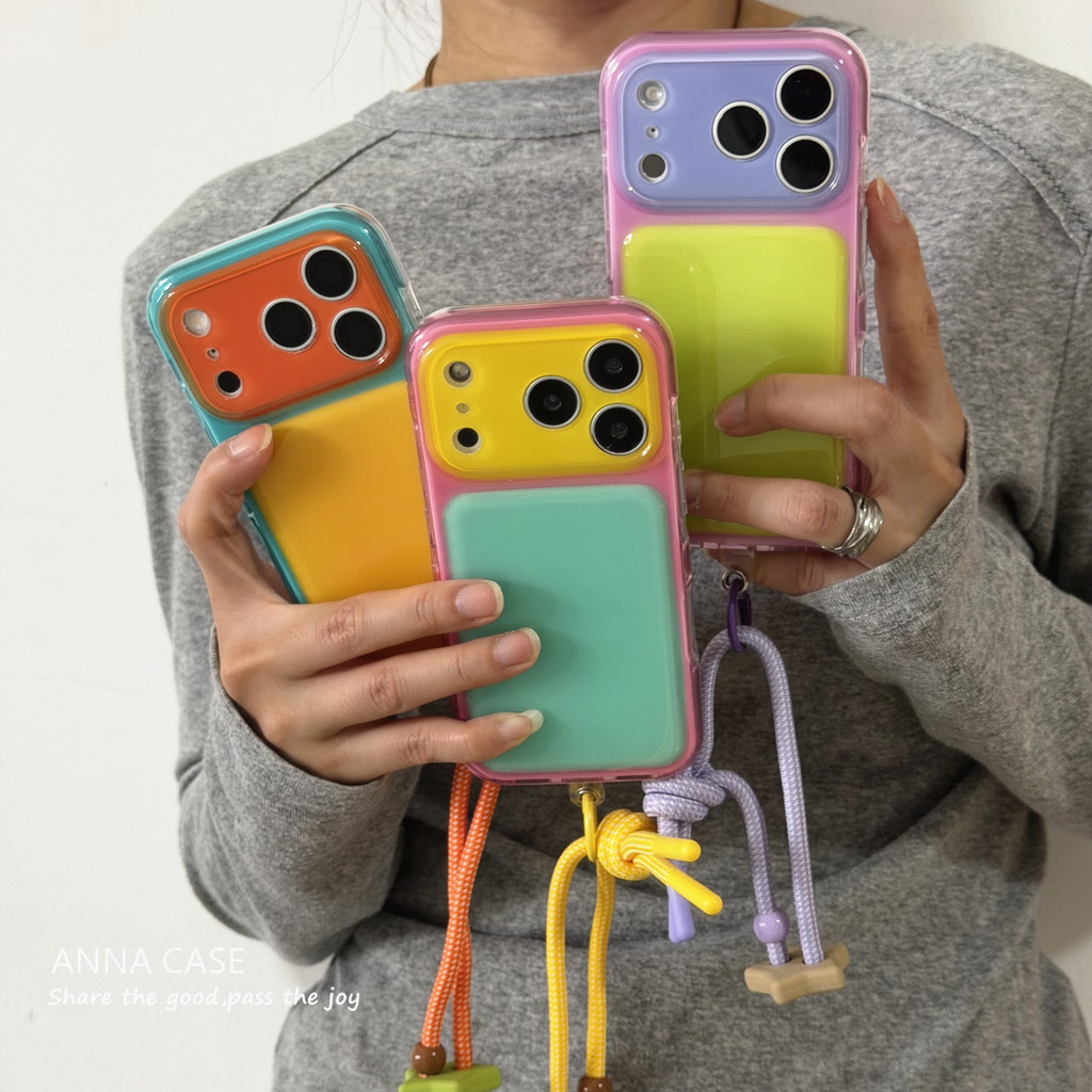 หรูหราพร้อมเชือกเส้นเล็ก Dopamine สีเคสโทรศัพท์สําหรับ iPhone 15 16 17 Pro Max Candy กันกระแทกกันชนกลับกรณีฝาครอบ