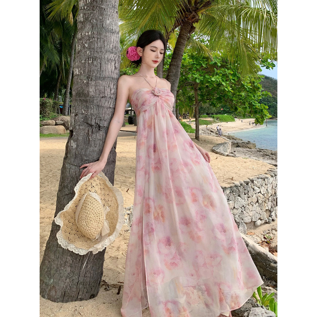 Sanya Dali Yunnan ootd สวมคอเชือกแขวนคอพิมพ์ลายแกว่งขนาดใหญ่ชุดเดรสยาวริมทะเลชุดวันหยุดเกาะ260807Ppp