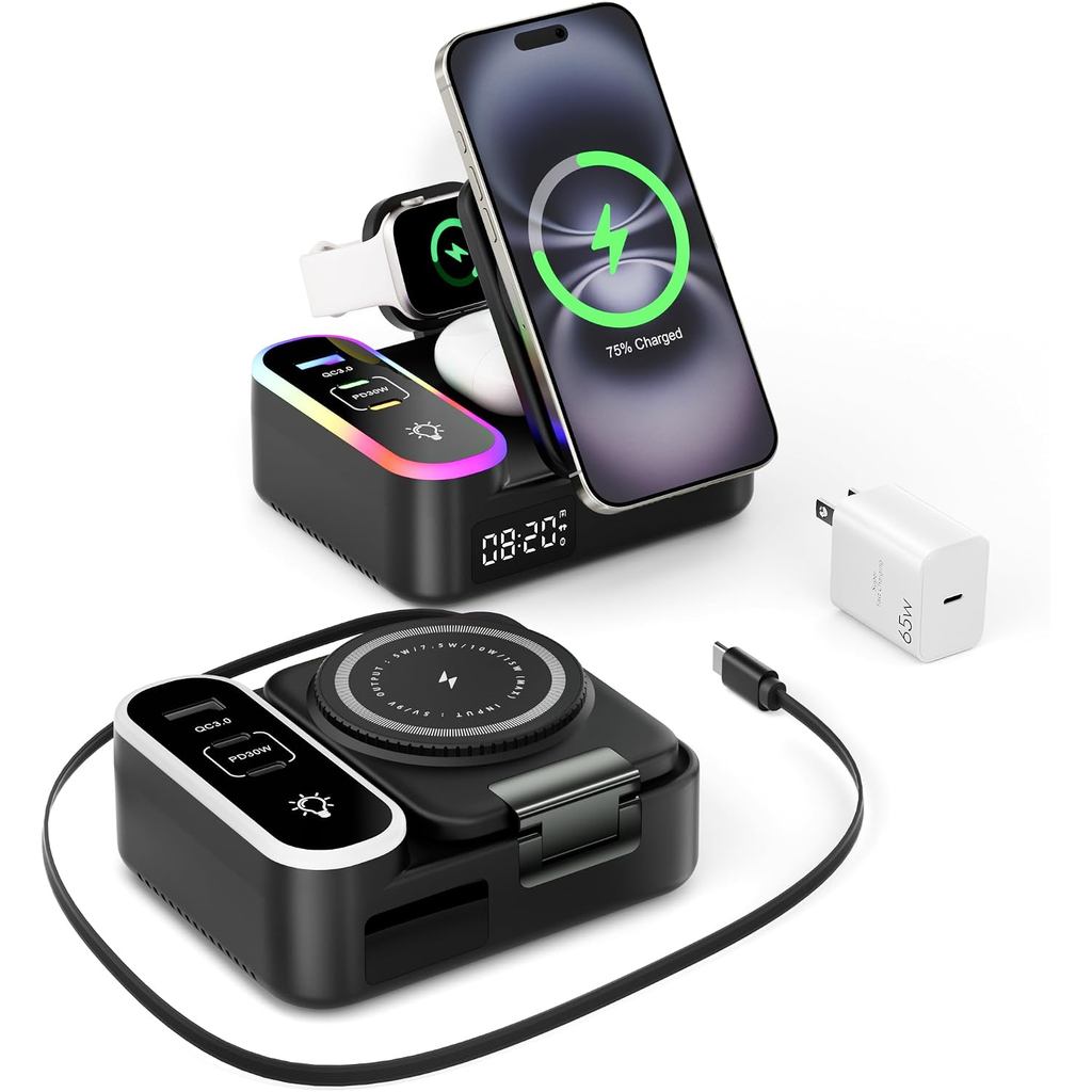 สถานีชาร์จ 8-in-1 65W, 15W Magnetic Wireless Charger พร้อมสายแบบพับเก็บได้, 30W USB C แท่นชาร์จเร็วส
