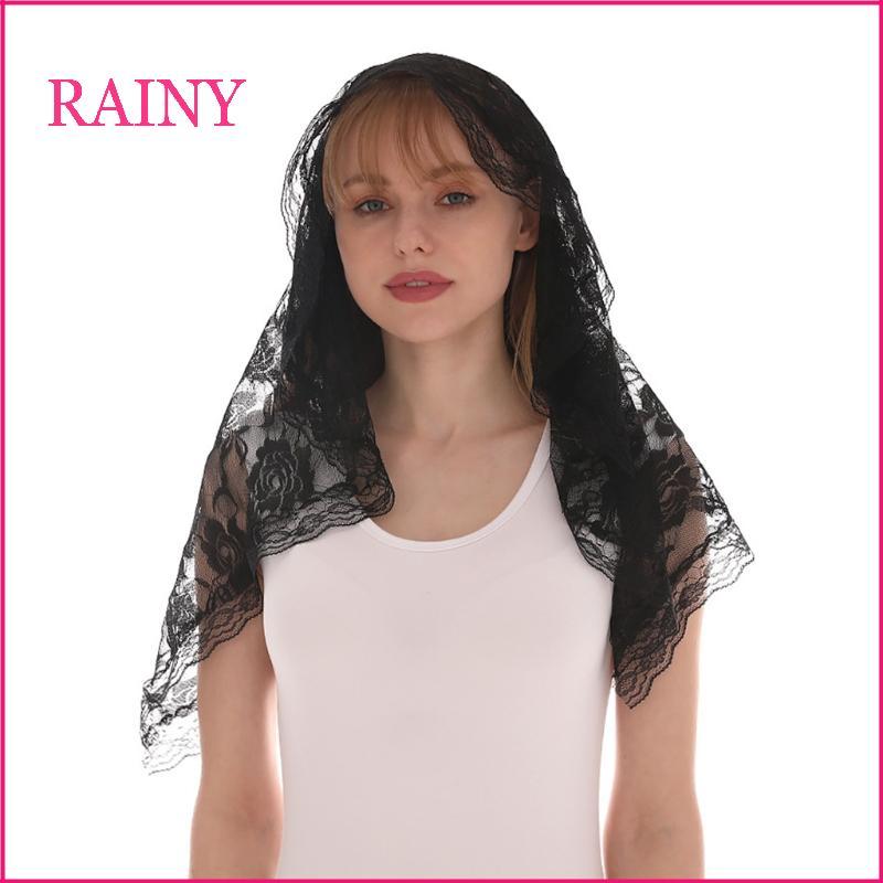 RAINY Lace Mantilla Veil นุ่มสบาย 2 สีสีดําและสีขาวสไตล์สเปน Rose Lace Veil สําหรับผ้าคลุมศีรษะ D