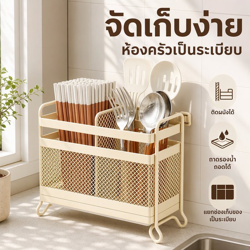 ตะกร้าใส่ตะเกียบแขวนผนัง เหล็กคาร์บอน กันสนิม ถอดล้างได้ มีถาดรองน้ำ ระบายน้ำ แยกช่อง