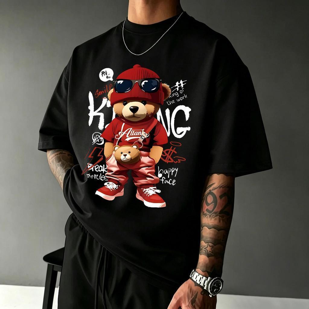 Top.basic เสื่อแฟชั่นoversizeผ้าcotton เสื้อแฟชั่น คอกลม แขนสั้น พิมพ์ลาย “KING BEAR” สไตล์ลำลอง ใส่สบาย S-3XL【COD】