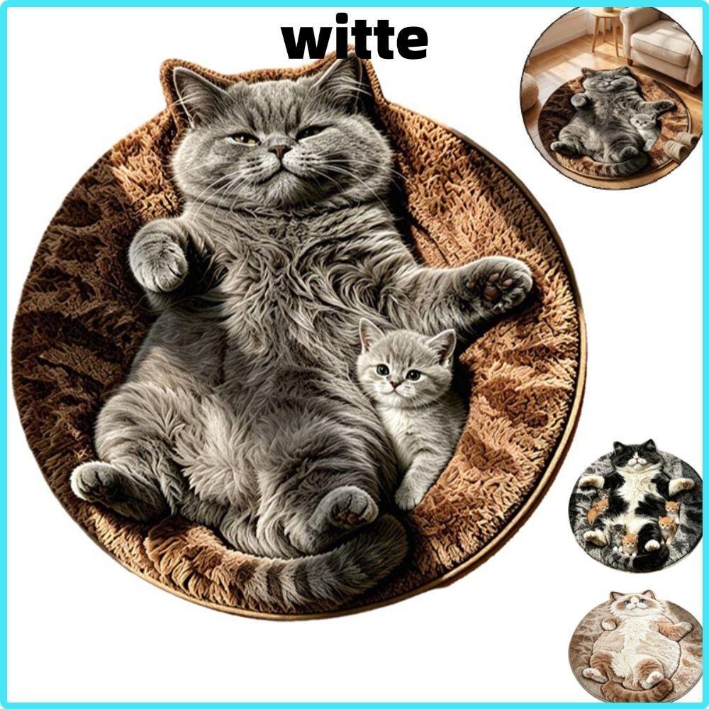 WITTE พรมพื้นที่แมว, พรมตกแต่งบ้านกันลื่น 2D, ทรงกลมนุ่มป้องกันการเปรอะเปื้อนทําความสะอาดง่ายพรมการ์ตูนห้องนั่งเล่น