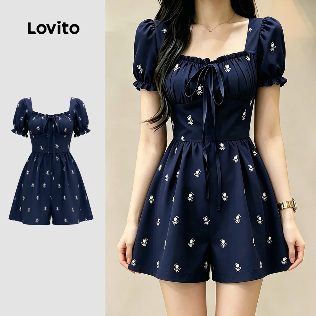 (New Arrival) Lovito จั๊มสูทลําลองสีน้ําเงินเข้ม โบว์ระบาย เหมาะสําหรับฤดูใบไม้ผลิ/ฤดูร้อนสําหรับผู้หญิง เกาหลี อินเทรนด์ LK7AD299
