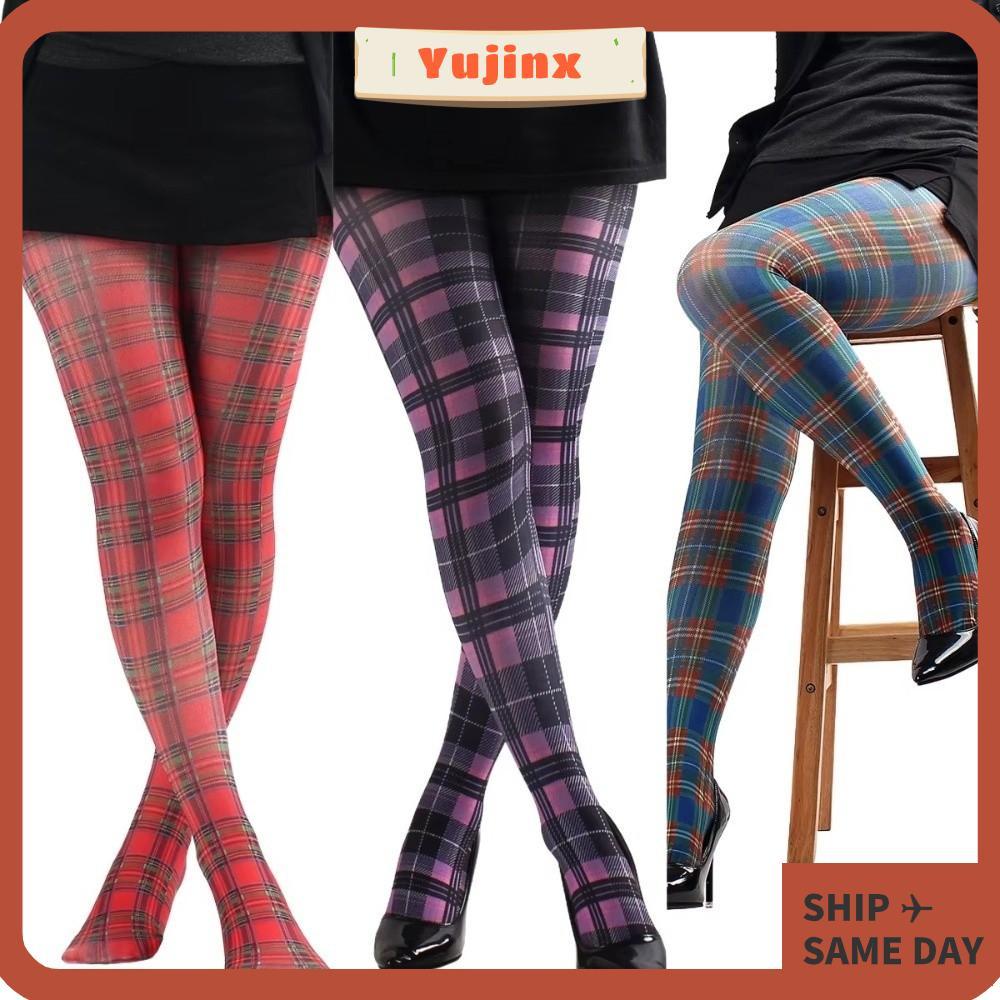 YUJINX พิมพ์ Tights, Semi-Opaque Scott Check Pattern ผู้หญิง Pantyhose, แฟชั่นสีแดงสีม่วงสีฟ้าคลาสสิ