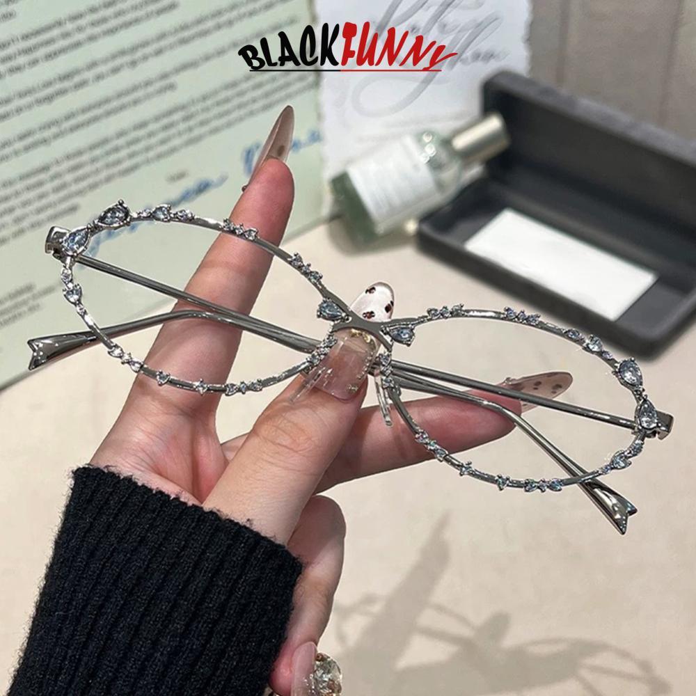 BLACKFUNNY Y2K Rhinestones แว่นตารูปไข่ Retro Punk เพชรแว่นตา Blue Light Blocking UV400 แฟชั่นแว่นตา