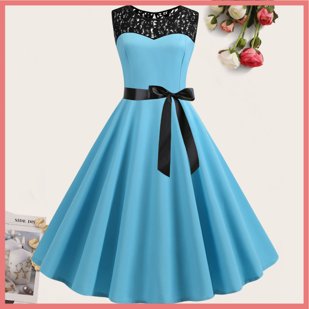 [LPA] Midi Dress Patchwork สี O-คอ Casual Party Office Robe Gown Dress