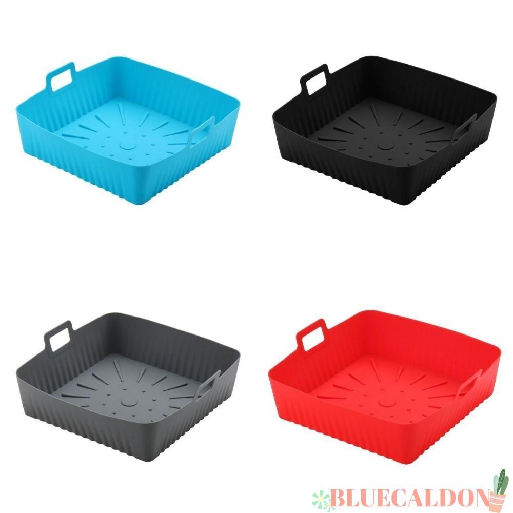 BLUECALDON ถาดอบ, ซิลิโคนนํากลับมาใช้ใหม่ได้ Air Fryer Liners, แบบพกพาทนความร้อนพร้อมที่จับ 9" ขนาดใ