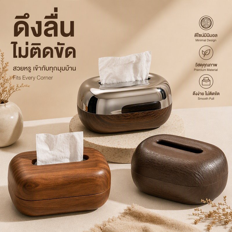 กล่องทิชชู่ตั้งโต๊ะ มีสปริงในตัว ดึงกระดาษลื่น ไม้วอลนัท ความจุใหญ่ ดีไซน์หรู ห้องนั่งเล่น ห้องนอน โต๊ะทำงาน