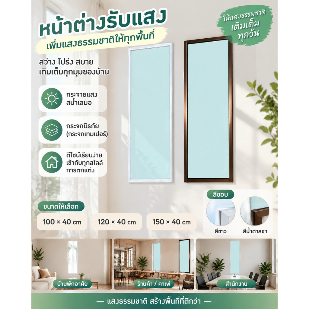 หน้าต่างบานช่องแสง หน้าต่างบานปิดตาย ขนาด 100x40 ,120x40 ,150x40ซม.หน้าต่างอะลูมิเนียมกระจกปิดตายพร้อมขอบ