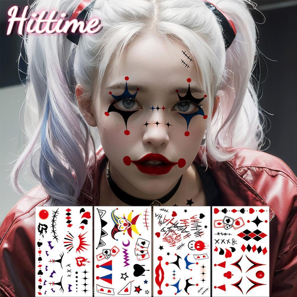 HITTIME 4 แผ่น/เซ็ตกันน้ําฮาโลวีนชั่วคราว Tattoo สติกเกอร์น่ากลัว Joker TATTOO สติกเกอร์สําหรับผู้ชา
