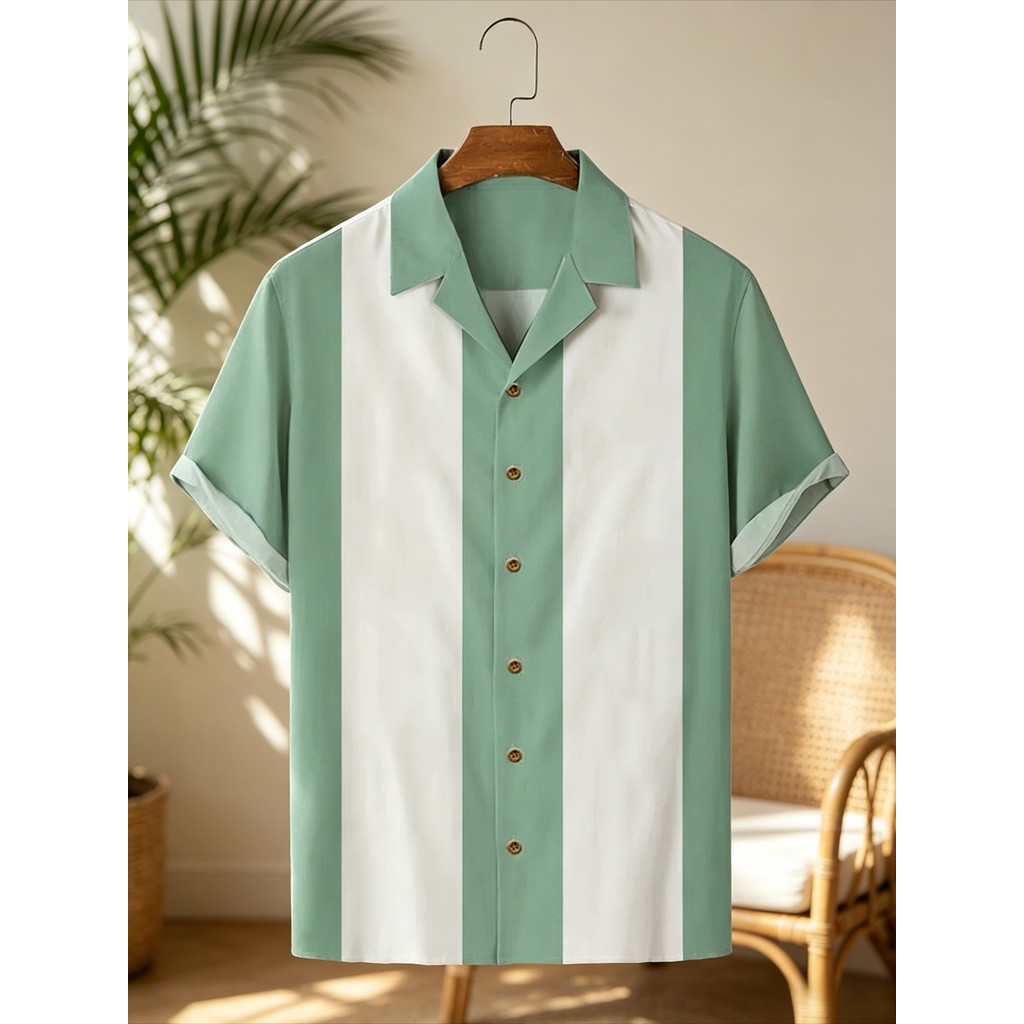Stripes Simple Casual Dress Shirts European Size Men's Hawaiian Fashion Short Sleeve Loose Breathabl