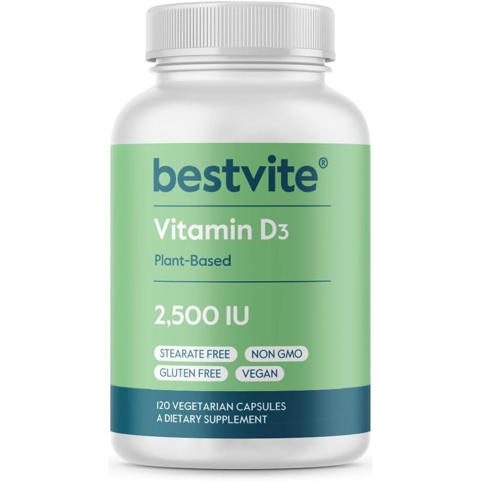 BESTVITE วิตามินมังสวิรัติ D3 2500 IU (120 แคปซูลมังสวิรัติ) -Stertais-Vegan-Non-Genetic-Gluten-Free