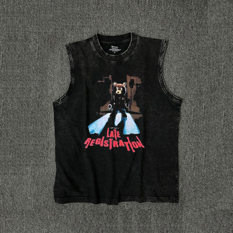 Kanye West Kanye West Drop-Out Bear Vintage High Street Retro หลวมเสื้อยืดแขนกุดผู้ชายผู้หญิงคู่เสื้