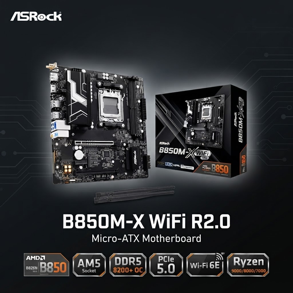 ASRock B850M-X WiFi R2.0 AM5 Micro-ATX Motherboard DDR5 8200+ OC PCIe 5.0 WiFi 6E