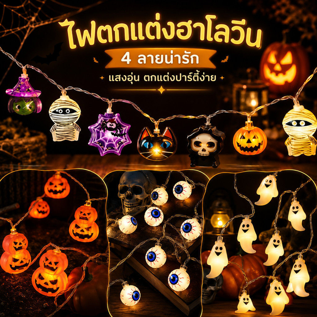 🎃🎃🔥จัดส่งภายใน 8 ชั่วโมง🔥1.5m / 3m เทียนLED โคมไฟฟักทองฮาโลวีน DIY String ไฟแบตเตอรี่โคมไฟผีฮาโลวีนสําหรับตกแต่งบ้าน