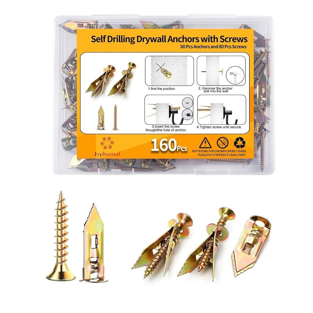 Jyphorixal 160 ชิ้น Self Punching Drywall Anchors พร้อมสกรูชุด, Heavy Duty Metal Wall Anchors สําหรั