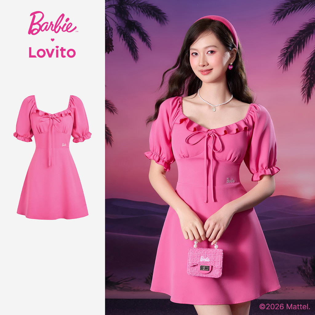 Barbie™ X Lovito ชุดเดรสสีแดงกุหลาบสั้นผู้หญิง ฤดูใบไม้ผลิ/ร้อน ทรงเอ มีโบว์ ปักลายและซิป เกาหลี อินเทรนด์ LBL5AD016