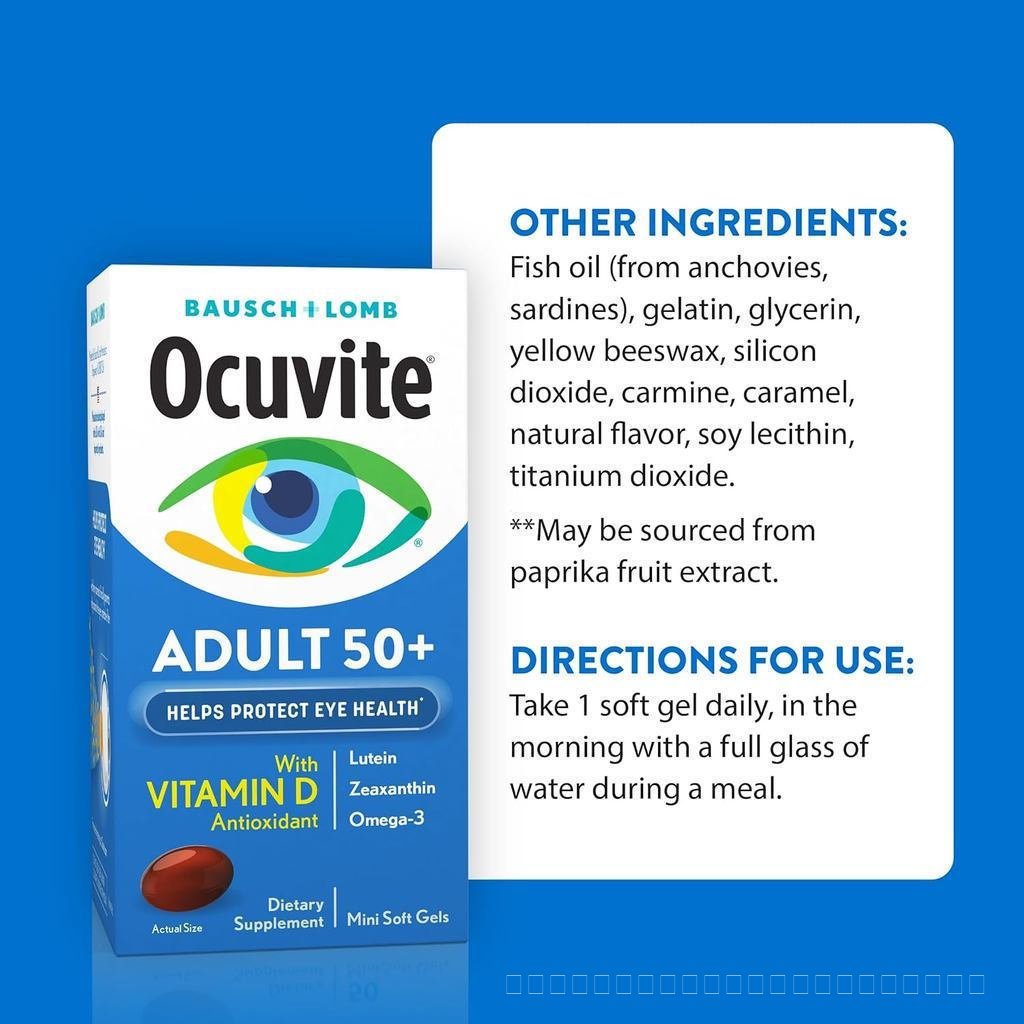 Bausch + Lomb Ocuvite Adult 50+ อาหารเสริมรอบดวงตา วิตามินดี Lutein Zeaxanthin Omega‐3 150 Mini Soft